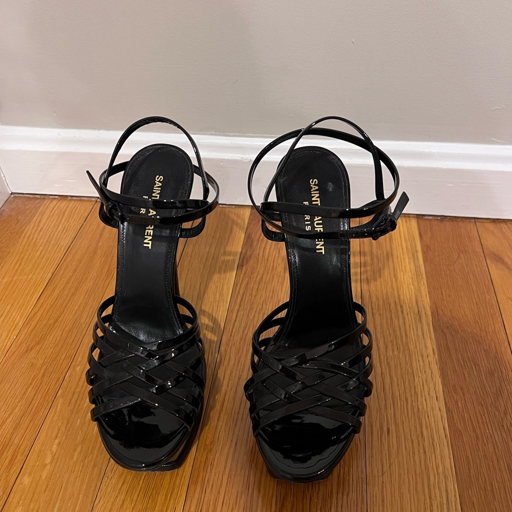 Saint Laurent YSL Black Patent Leather Tribute Cage Platform Criss Cross Heel 37 - Picture 3 of 10
